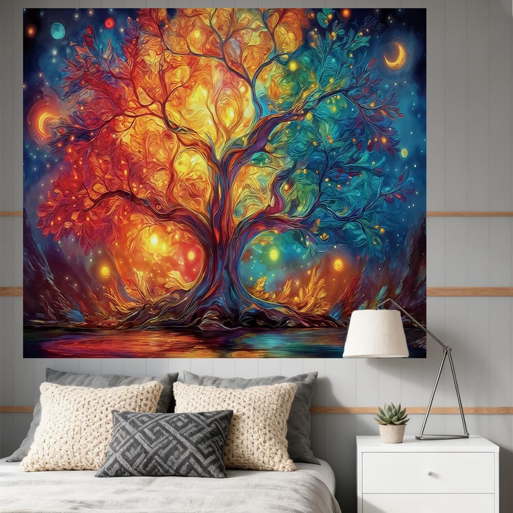 Mystic Tree of Life Tapestry, Boho Colorful Galaxy Moon Print Large Wall Hanging for Bedroom Living Room Aesthetic Decor
