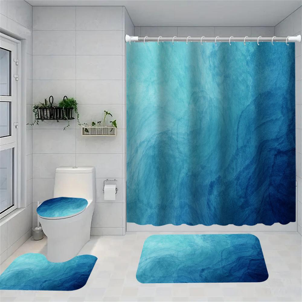1/4 set seawater Bathroom Curtains, Toilet Seat Decoration, Shower Curtain with Carpet and Toilet Lid, 12 70.8x70.8 inch Hooks