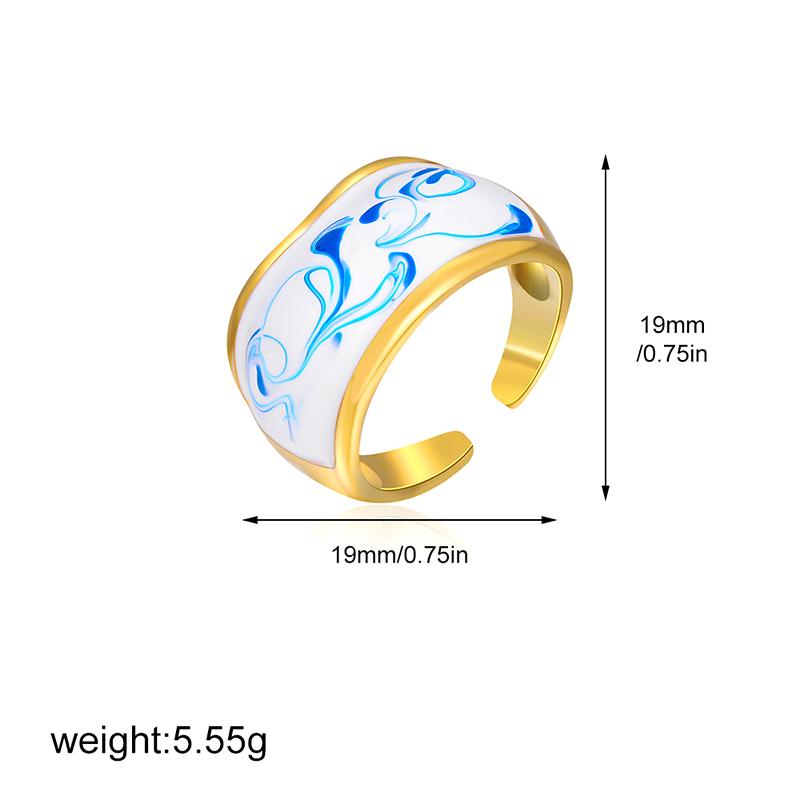 Blue Flower Enamel Drip Oil Ring Vintage Adjustable Blue And White Porcelain Ring Chinese Style Copper Irregular Opening Ring