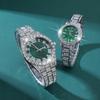 2 Pcs/Set Couple's Watch Set Luxury Rhinestone Set Quartz Watch Analog Elegant Green Dial Watch Ideal for Men and Women