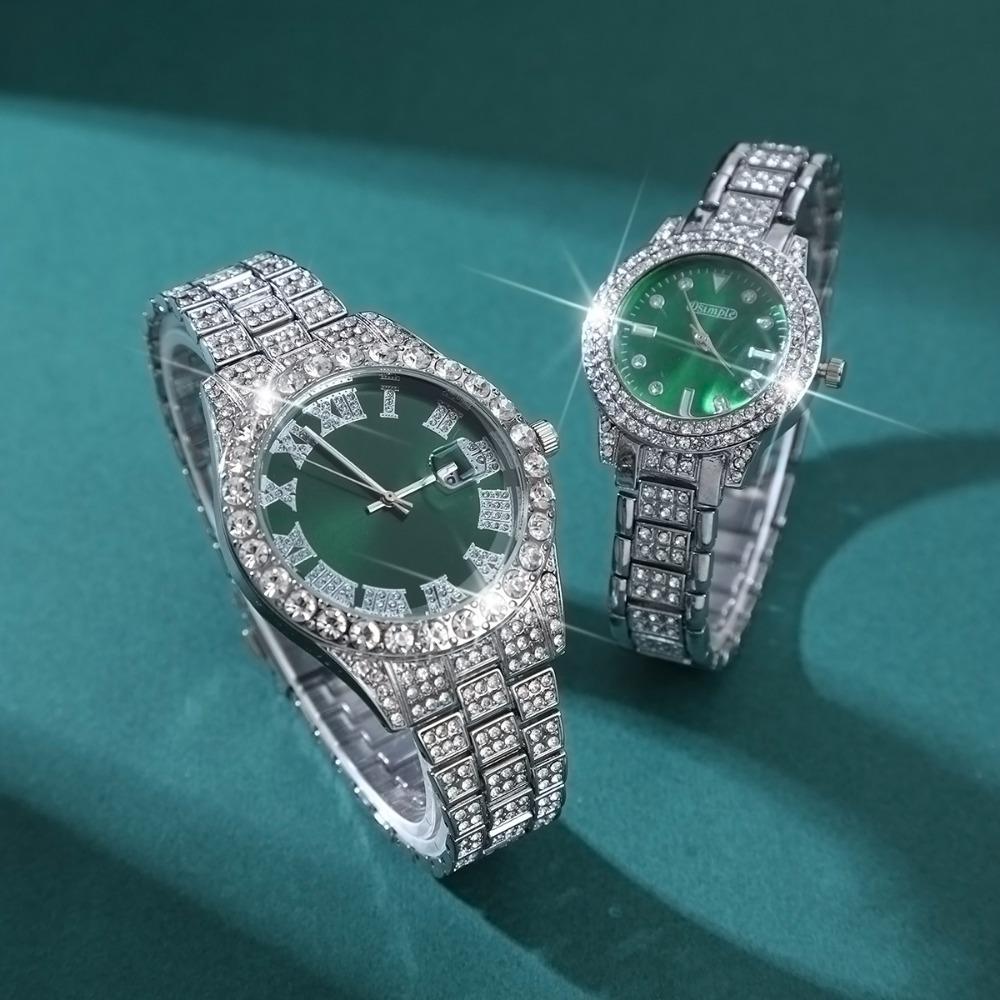 2 Pcs/Set Couple's Watch Set Luxury Rhinestone Set Quartz Watch Analog Elegant Green Dial Watch Ideal for Men and Women
