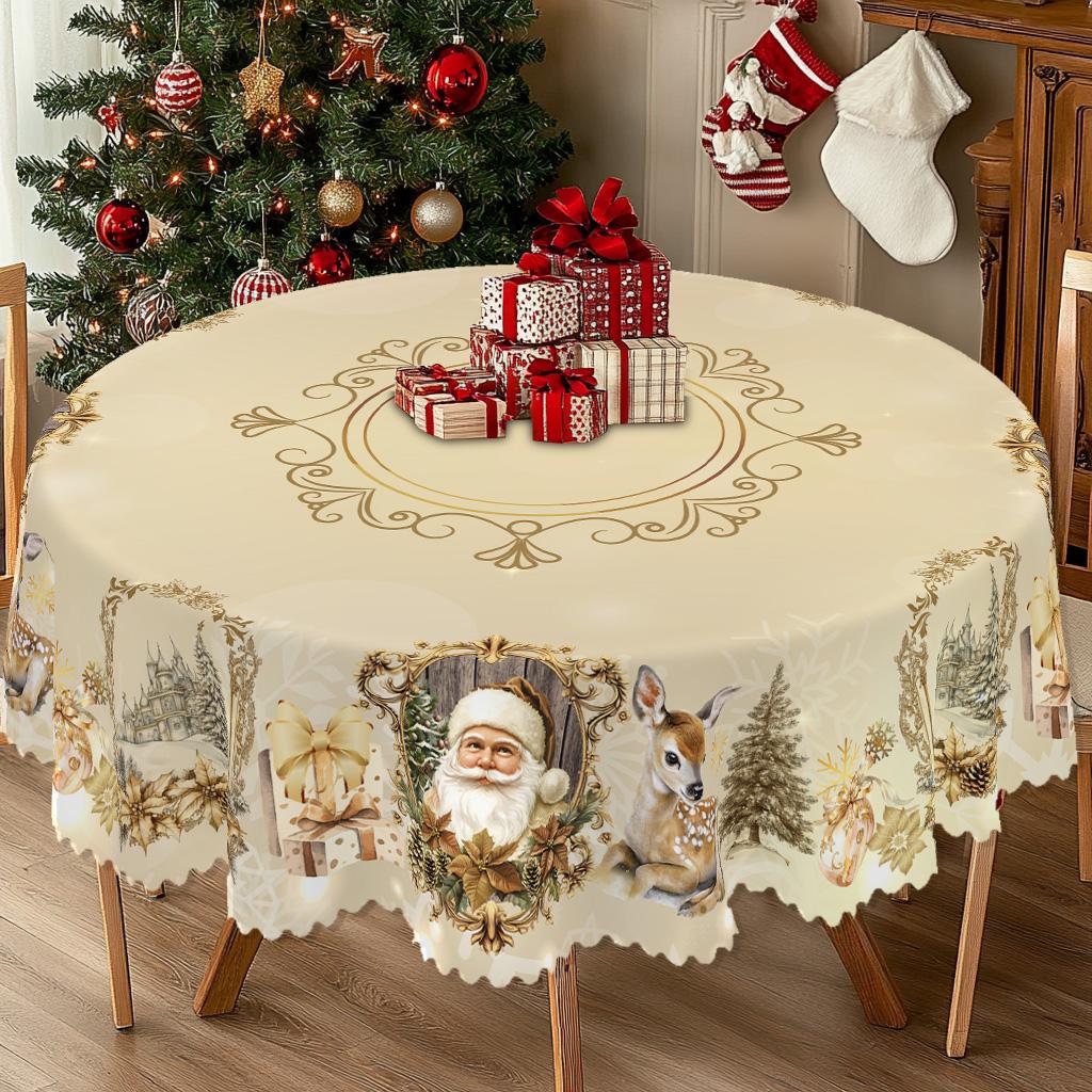 1 Piece Of Merry Christmas Themed Printed Tablecloth, Vintage Country Farmhouse Style, Santa Claus, Reindeer, Christmas Tree Pattern Design, Suitable