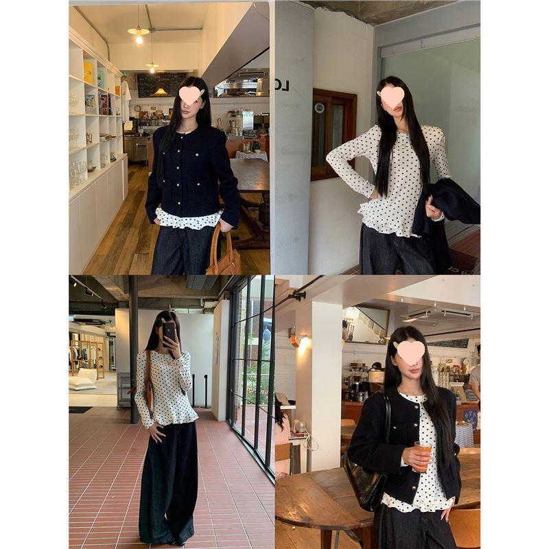 Women's 2025 Korean-Style Polka Dot White Long-Sleeved Top