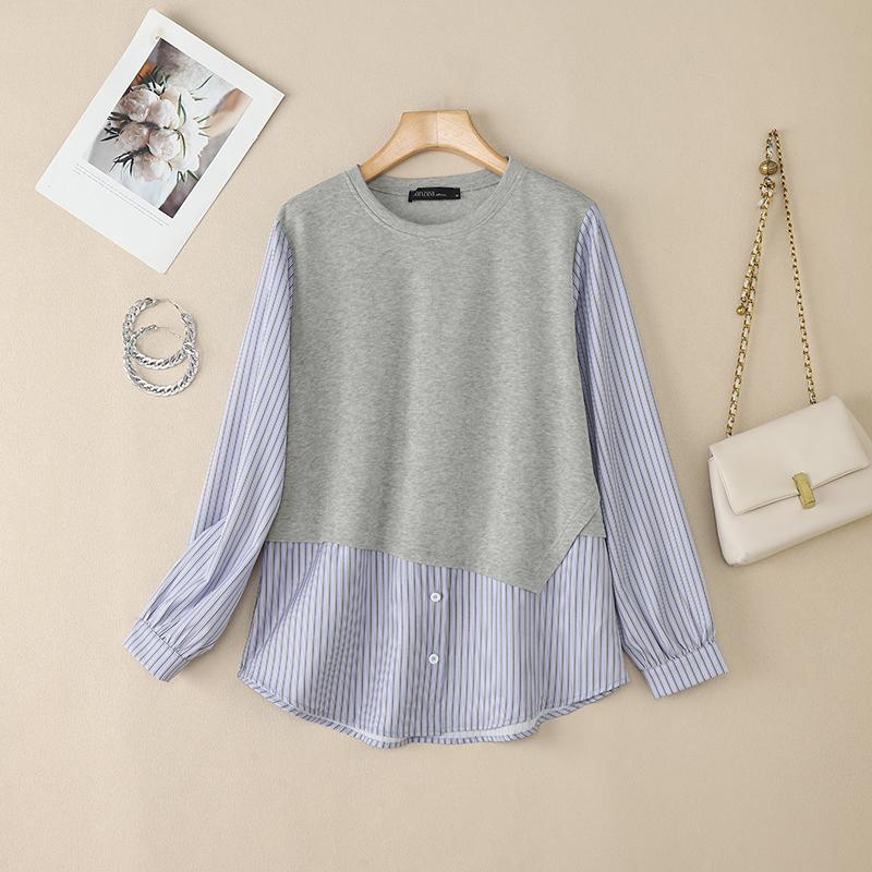 

ZANZEA Женская повседневная блузка с круглым вырезом, в полоску, с длинными рукавами, осенняя 5XL серый