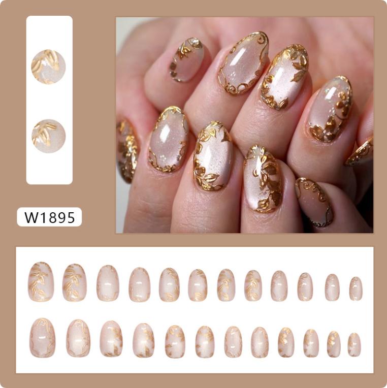 French Style Art Nail Patch 3D Flower Gold Line Fake Nails Reusable Nail Tips For Women Diy Manicure Accessories
