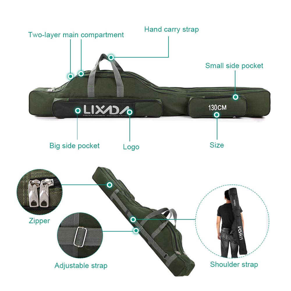Lixada 130cm Portable Foldable Fishing Rod Case, Fishing Rod and Reel Storage Bag, Fishing Gear Organizer, Rod Case