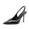 European and American style 2025 spring microfiber inner thin heel pointed sandals women's rhinestone decoration sexy versatile rubber sole