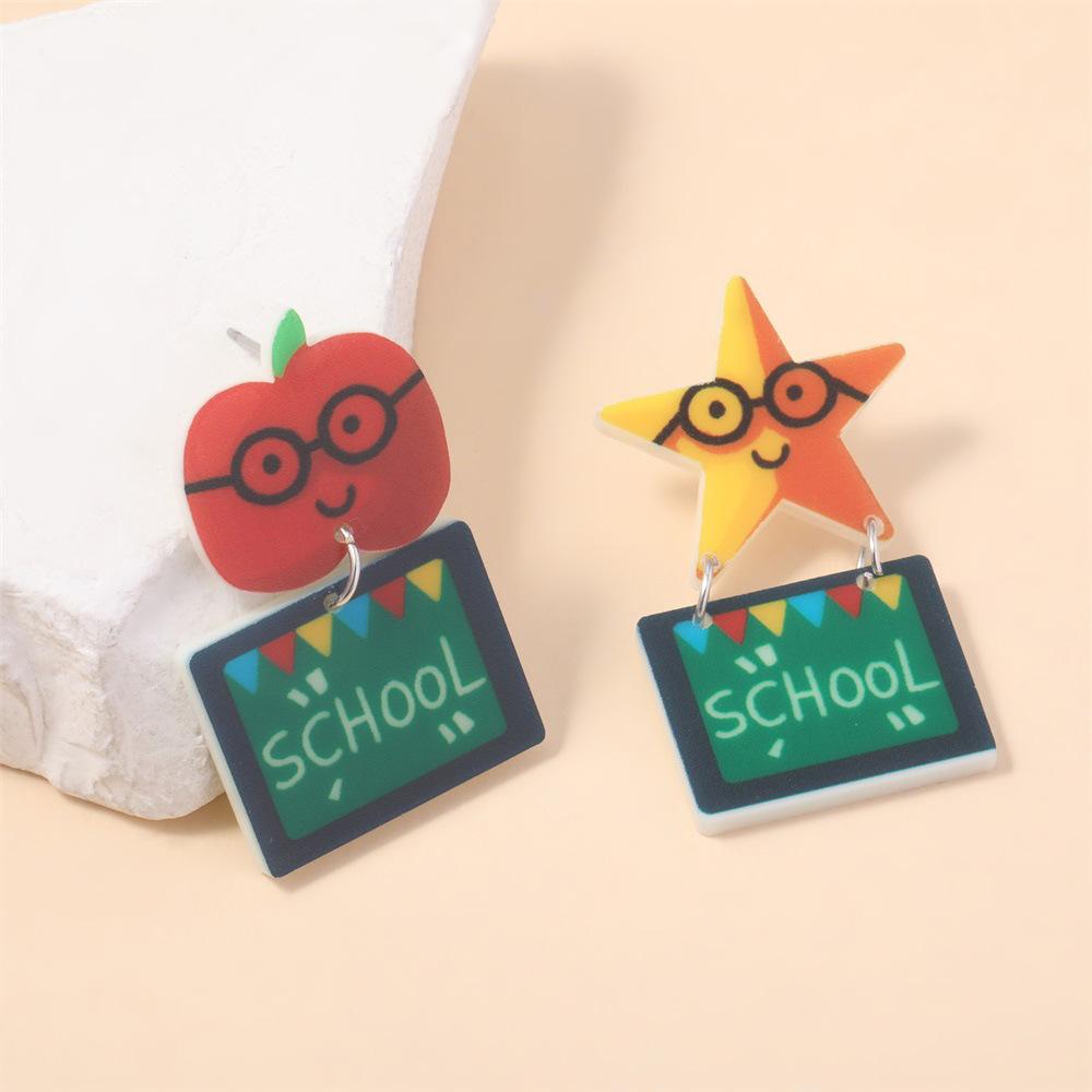 Fully Managed Environmentally Friendly Acrylic Earrings, Personalized School Season Blackboard Stars Apple Shape Earrings