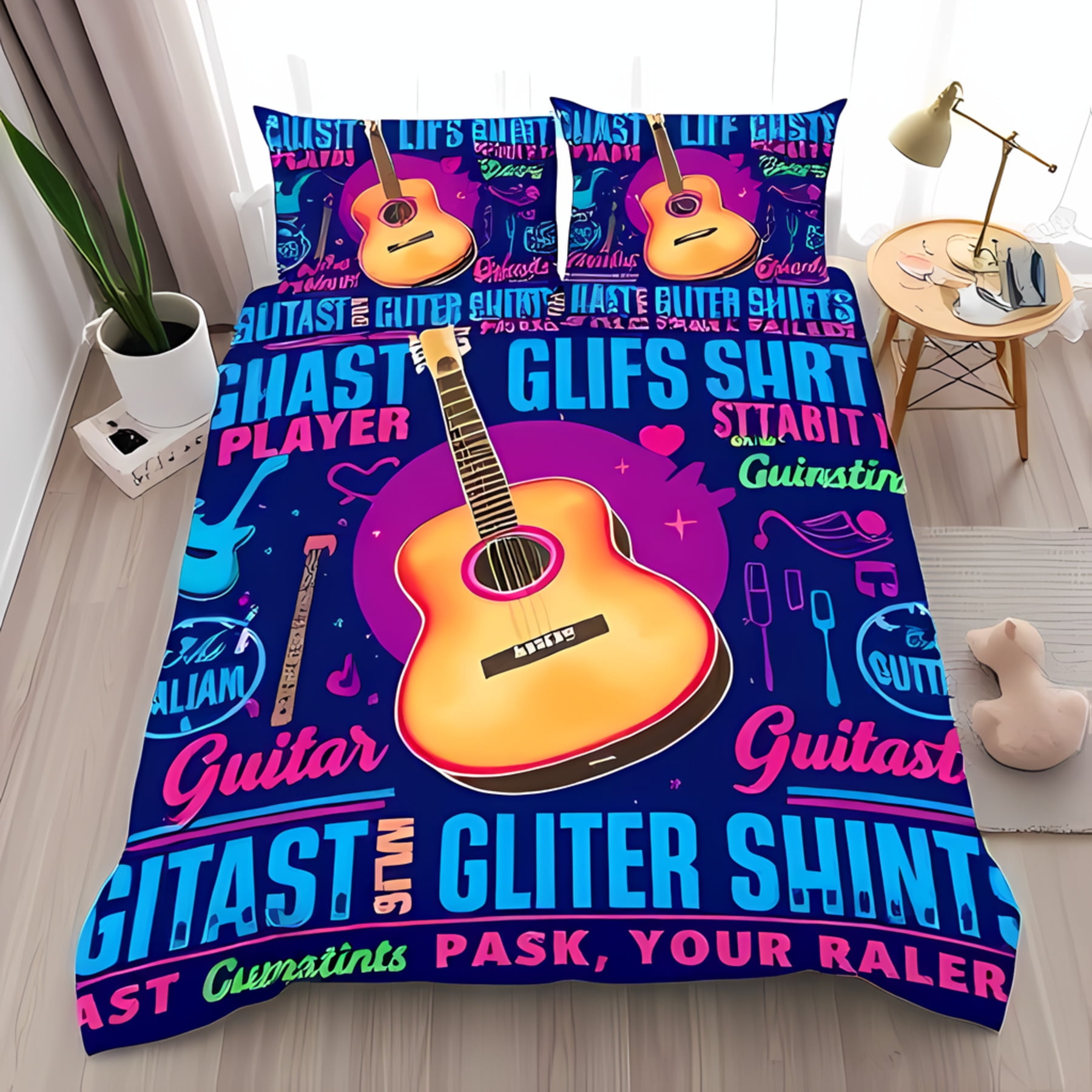 

Skeleton Guitar Soft Duvet Cover Set Vibrant Purple Sky Design Unique Music Art Decor Suitable Children Kids plus Adult Peoples Soft Warm 100*200cm Single