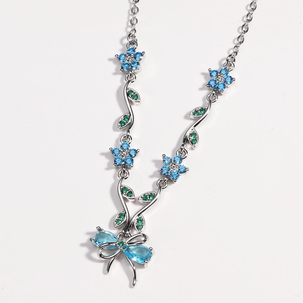 Flower Bow Necklace Pendant Shiny Pendant Chain Delicate Bowknot Rhinestone Necklace  Holiday