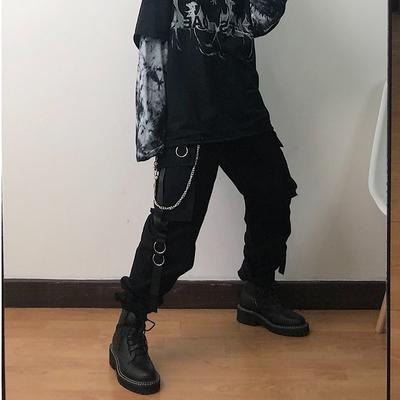 Streetwear Spring Summer Cargo Pants Women Harajuku Black Elastic Waist Ankle Length Casual Women's Pants WIth Chain
