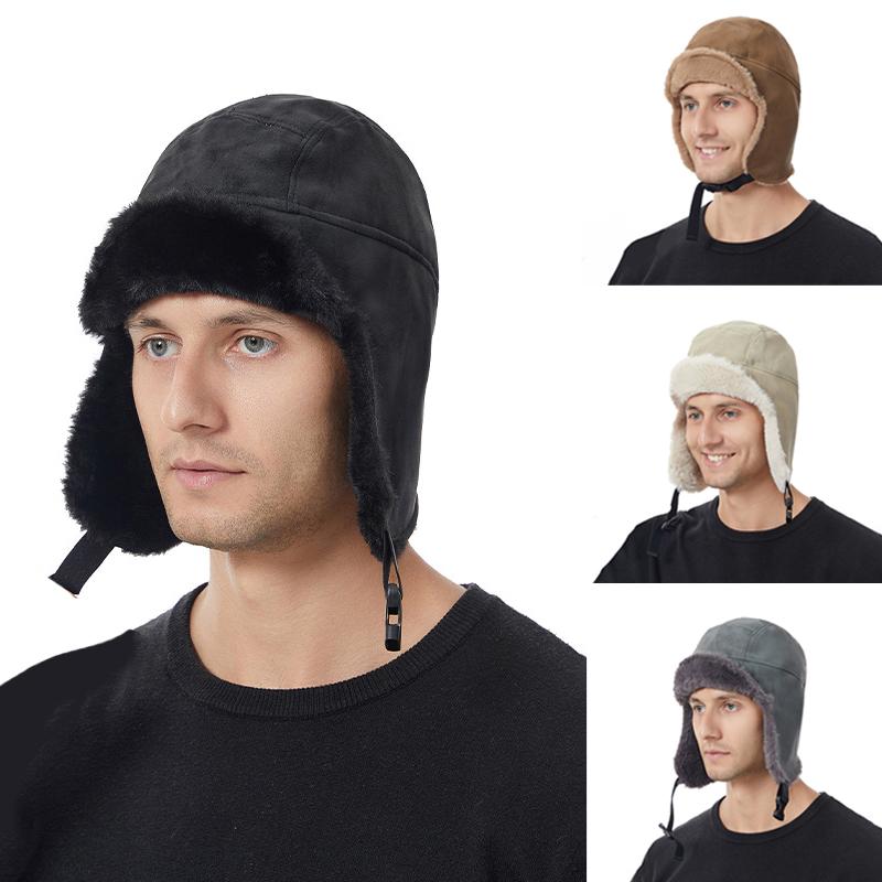 New Solid Color Plush Lei Feng Hat Men and Women Winter Outdoor Riding Skiing Sport Ear Protection Windproof Leather Bomber Hats