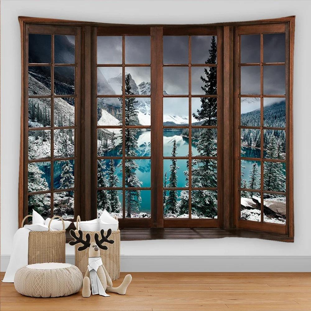 Bohemian Style 3D Window View Decorative Tapestry Hippie Wall Decoration Tapestry Bedroom Dormitory