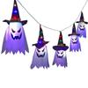 Halloween LED Pumpkin Lantern & Witch Hat Chandelier with Ghost Hanging Lights - Horror Atmosphere Colored String Lights