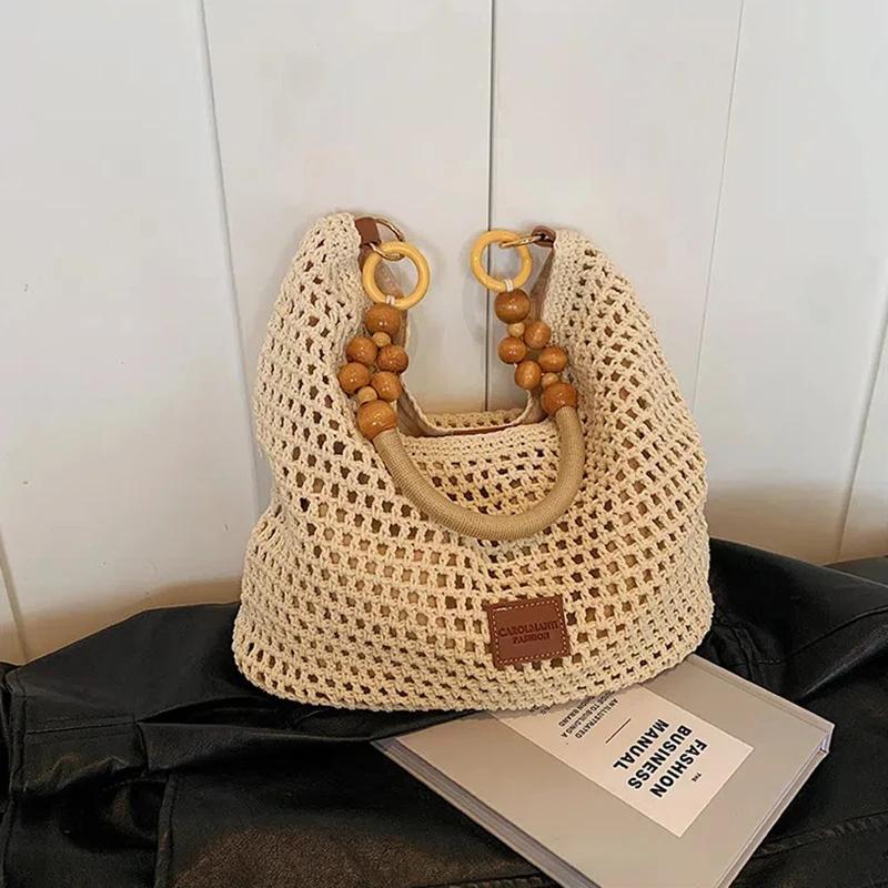 Women's Summer Fashi Hollow Knitted Handbag Ladies Casual Beach Vacati Beach Woven Bags Female Large Capacity Shoulder Bag