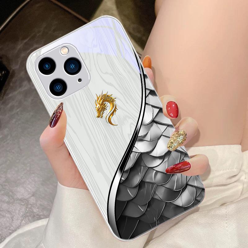 Black Tempered Glass Phone Case for iPhone 15 Pro 14 13 12 Mini 11 XS Max XR 7 8 Plu SE 2020 2022 Wood Grain Dragon Scale Red