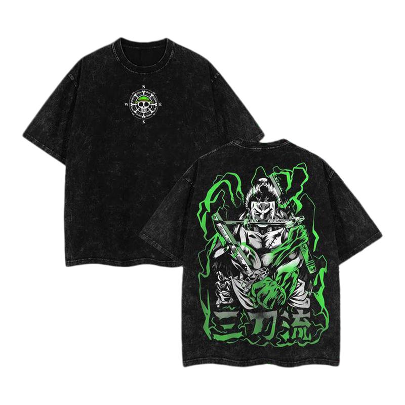 

Anime One Piece Summer New washed Tshirt vintage pure cotton Roronoa Solon pattern Harajuku shortsleeved Loose shirt L
