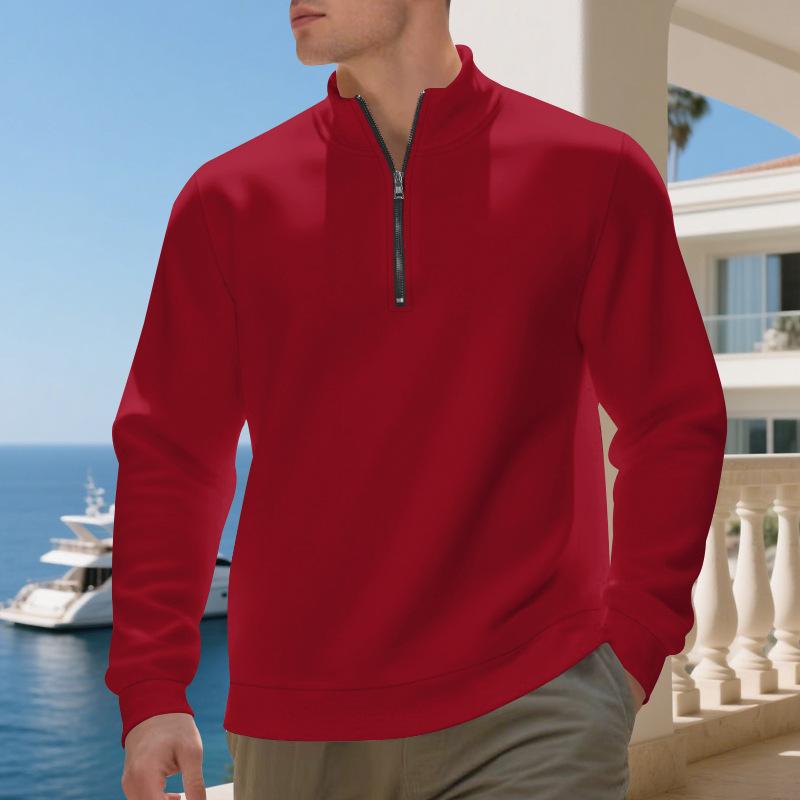 Pulôver Plus Size de Outono/Inverno com Forro de Lã e Meio Zíper, Cor Lisa, Moletom Casual para Homens