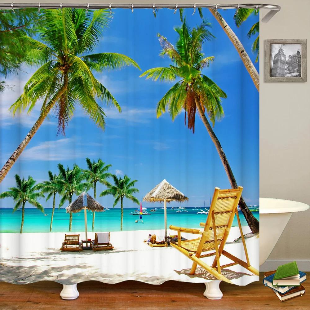 Beach Shower Curtain Waterproof Home Decoration Curtain 3D Palm Tree Seaside Beach Landscape Printed With Hooks Bathroom Curtain
