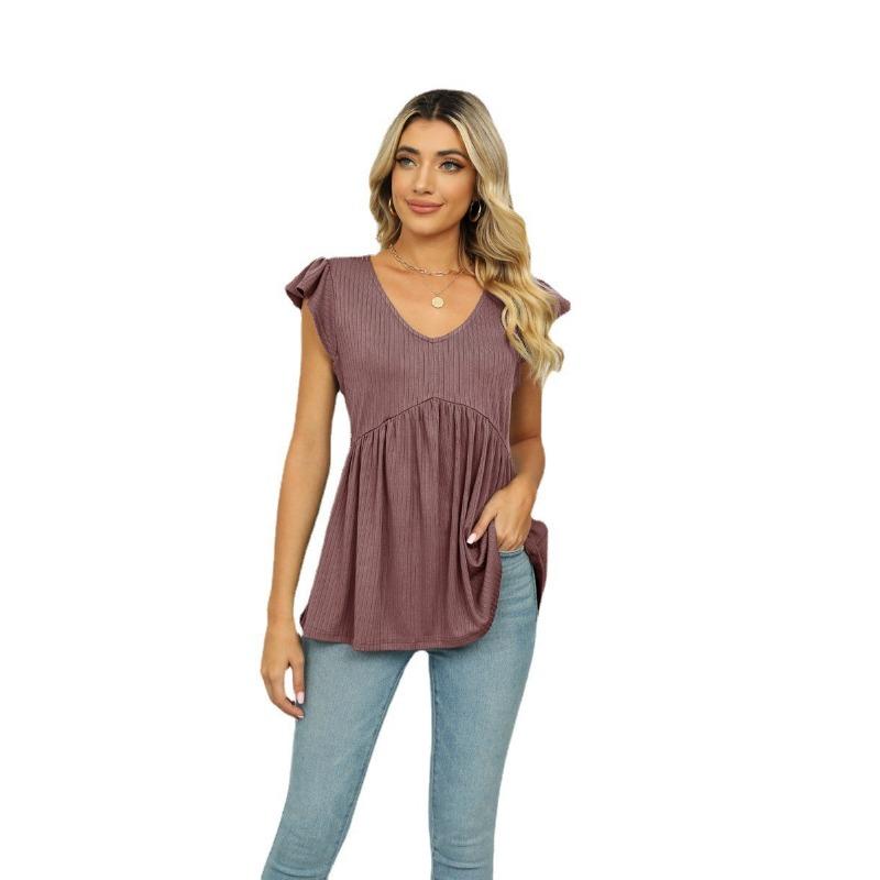 Summer Women's T-Shirt V-Neck Pit Stripe Drawstring Pleated Doll Shirt Sleeveless Top