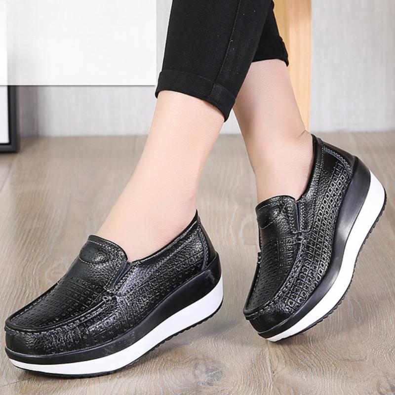 Genuine Leather Wedges Heels Shoes Fashion 5cm Platform Shoes Women Non-slip Walking Loafers