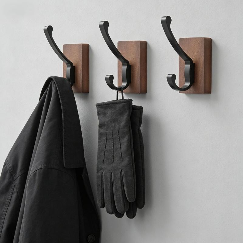 Space Saving Adhesive Hook for Bathroom Door Back Made of Natural Walnuts Wood Drillless Installation for Hanging Items