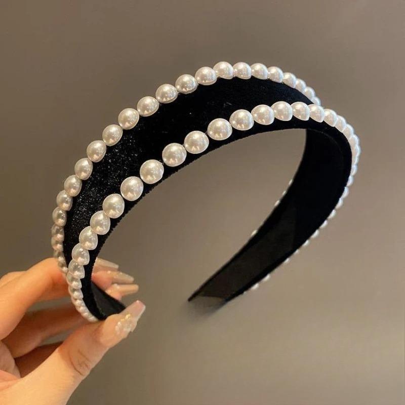 Women Vintage Black Velvet Pearls Hairband with Teeth Anti Slip Adult Hair Clip Wide Edge Headband Girls New Hair Accessory