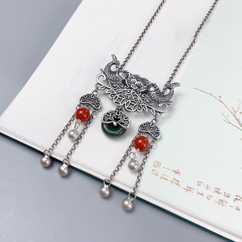 Exaggerated Ethnic Style 925 Sterling Silver Fish Lotus Pendant Necklace for Women with Safety Buckle