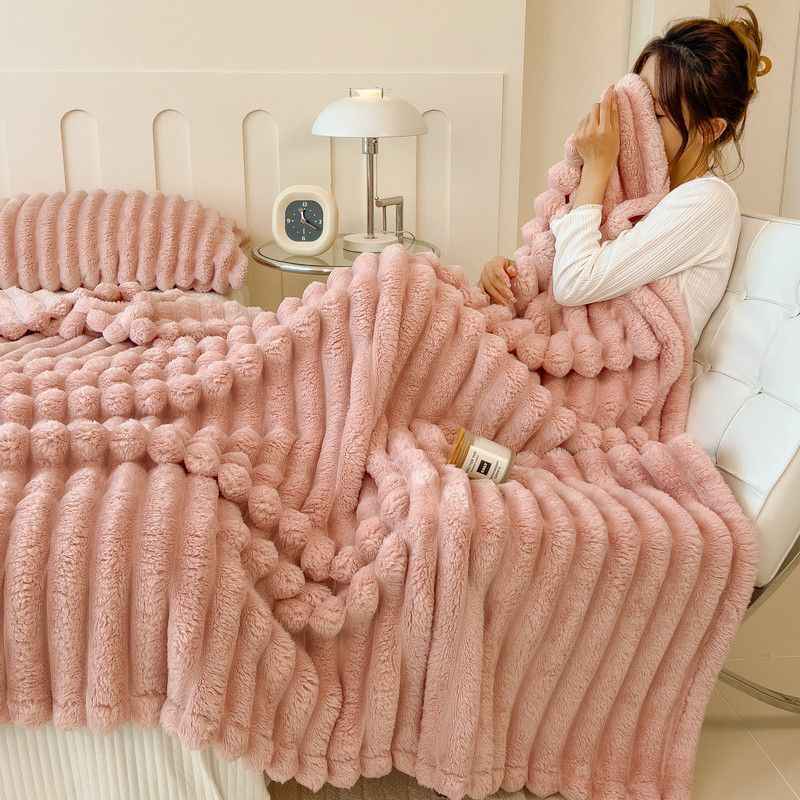 Ultra Soft Faux Rabbit Fur Throw Blanket Warm Plush Striped Blankets Conditioning Quilt Multi Functional Sofa Cover Blanket