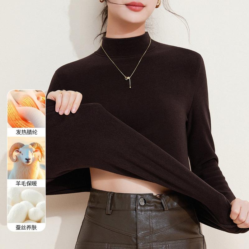 Autumn and Winter Mid-neck Wool Silk Thermal Underwear Women's Thickened Fleece Bottoming Shirt Warm Fleece Heating Autumn Clothes Top