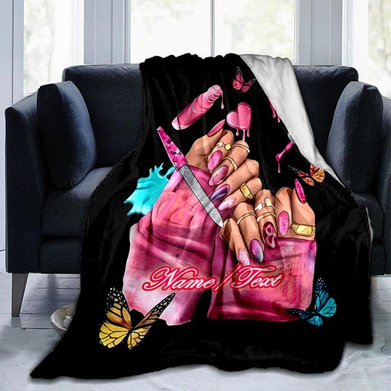 1PC Custom Name Nail Art outdooor Flannel blankets Throw Blanket All-Season Throw Gift Bedspread for Couch, Bed, Camping Holiday Birthday gift
