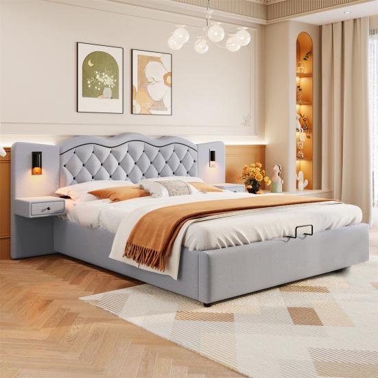 Tweepersoonsbed 180x200cm Plat Bed, Gestoffeerd Geïntegreerd Hoofdbord, Hydraulisch Hefmechanisme, Zacht met LED-Verlichtingsstrip USB-Aansluiting, Twee