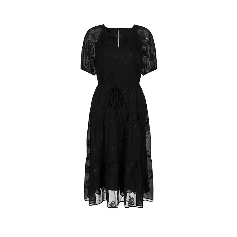 Jiuzi Anna Kou Light Mature Sexy Three Dimensional Embroidered Texture Chiffon Waist Dress for Women 2025 Summer New Style