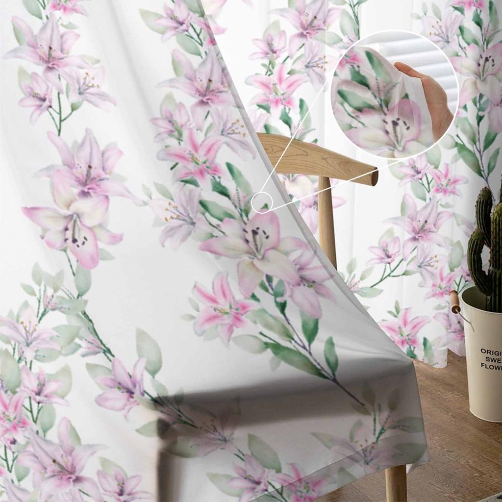 Watercolor Flower Lily Sheer Curtains for Living Room Decoration Window Curtains for Kitchen Tulle Voile Organza Curtains