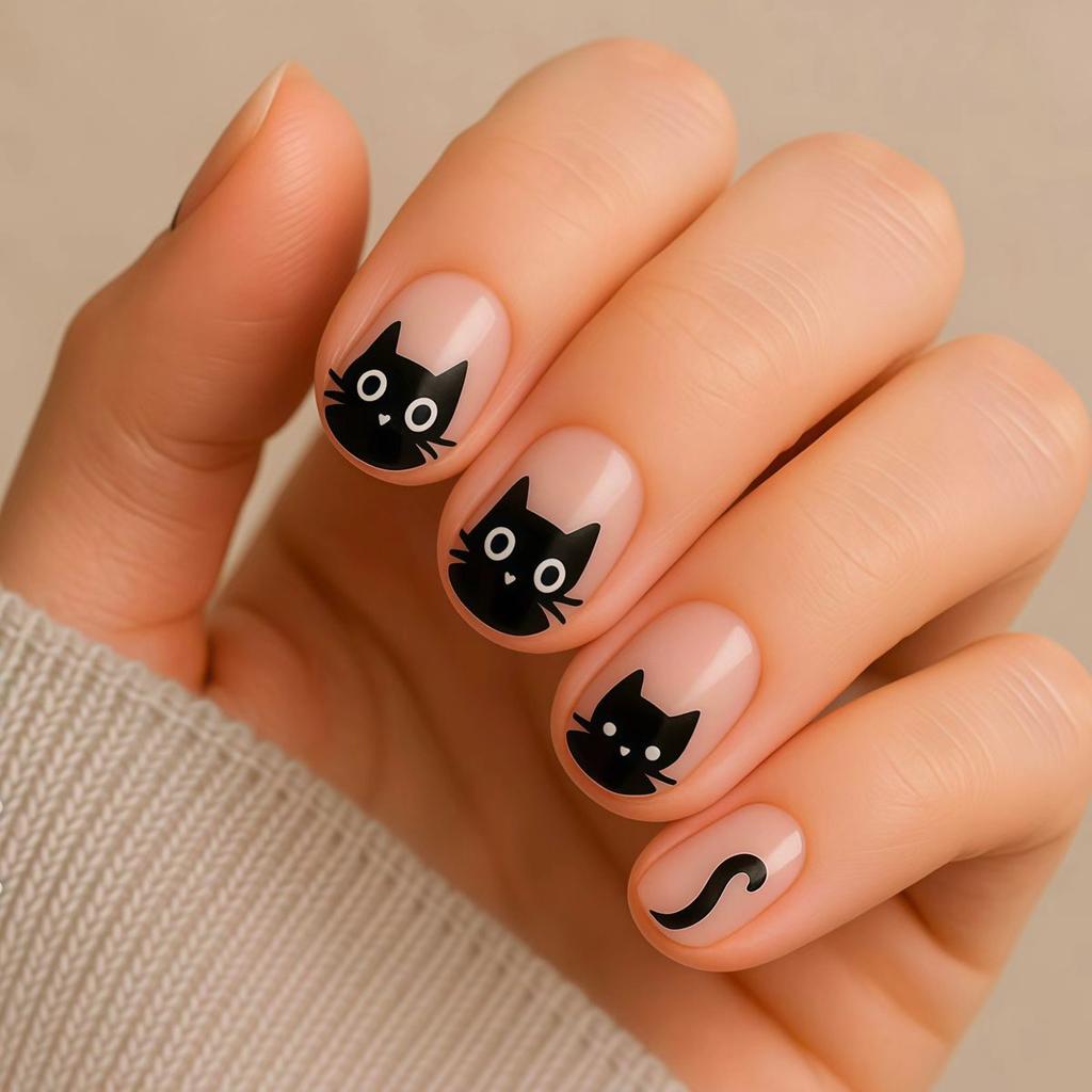 24 STÜCKE Niedliche Cartoon Schwarze Katze Kurze Ovale Aufdrücknägel Einfache Nude Rosa Quadratische Tragbare Falsche Nägel für Mädchen Ins Nagelspitzen