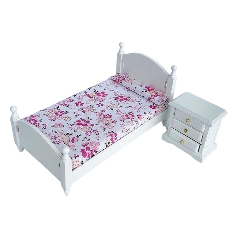 Realistic Doll Bedroom Set Wooden Bed With Bedding and Nightstand for 1/12 Scale Doll House Scene Setting Model Furniture