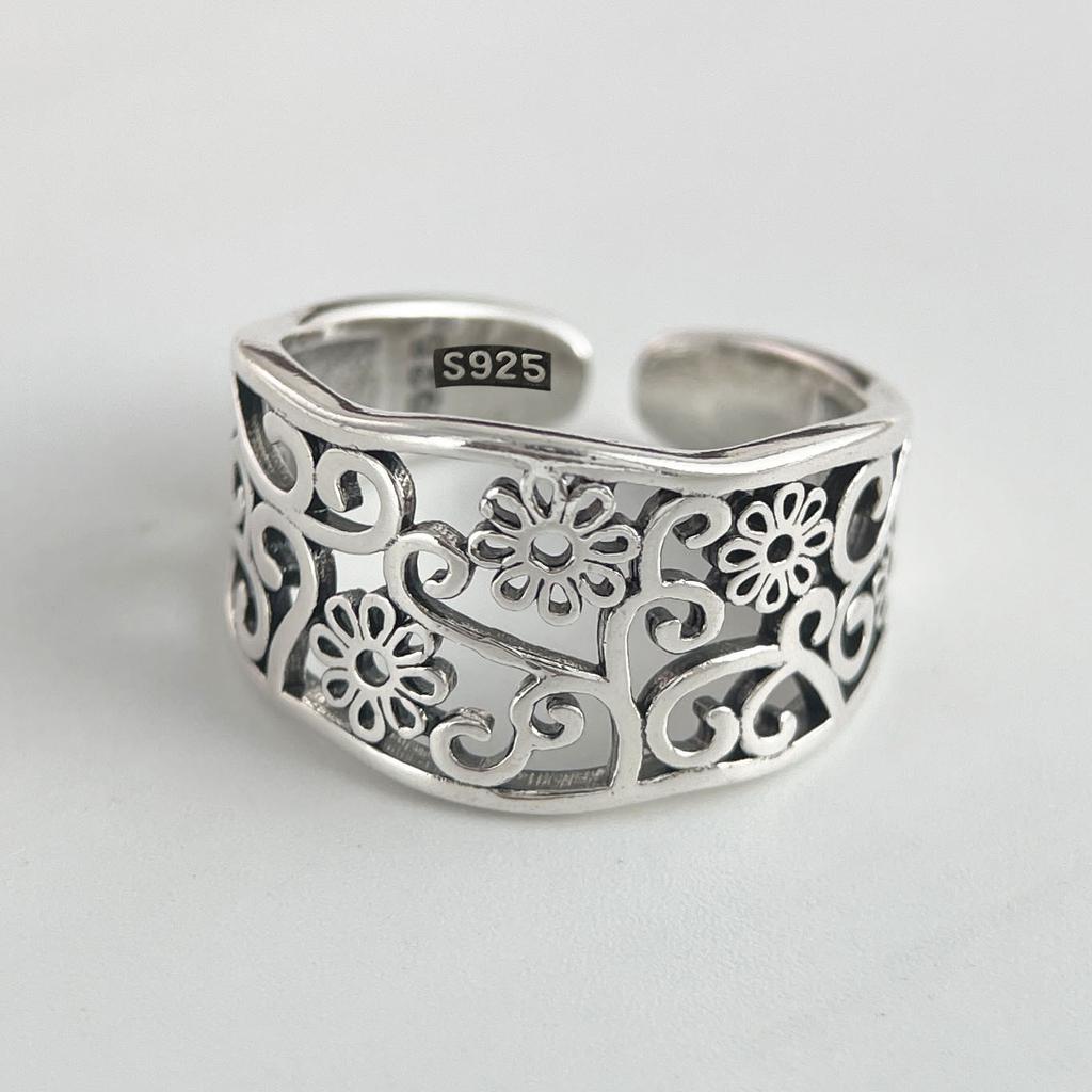 925 Sterling Silver Rings for Women Couple Minimalist Handmade Simple Hollow Flower Ring Fine Jewelry Gift Prevent Allergy