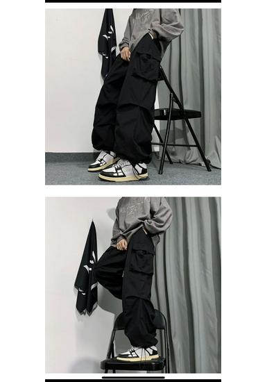 American Style Men's Workwear Casual Wide-Leg Pants with Drawstring and Cuffed Hem