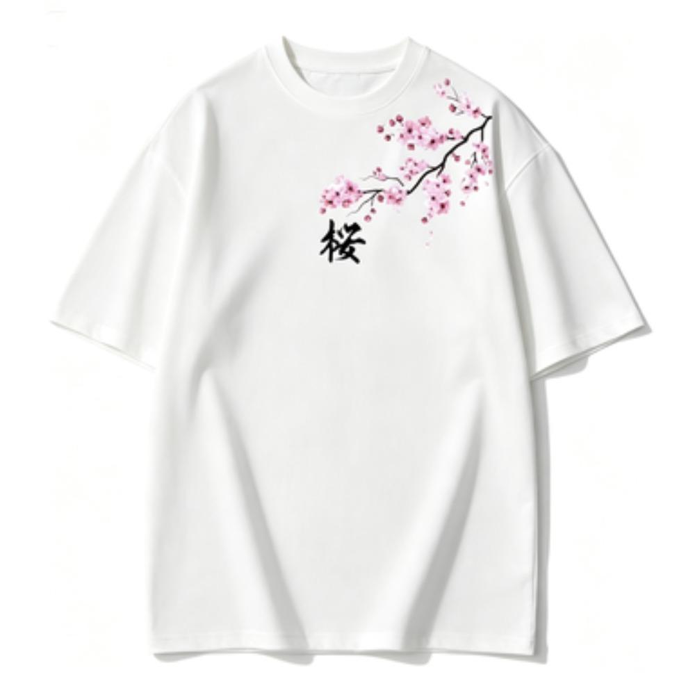 Summer Unisex Cherry Blossom Pattern Japanese Style Loosetee Shirt Suitable For Daily Wear Material Trendy Versatile