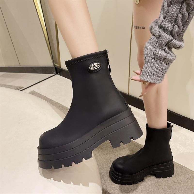 Chelsea Short Boots For Women Round Toe Thick Sole High Heels Winter Motorcycle Punk Elastic Ladies Boots