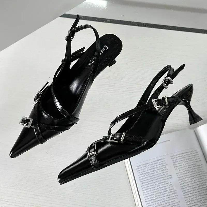 Fashion Fashion Belt Buckle Design Slingback Low Heel Sandals Women Sexy Pointed Toe Thin High Heels Summer Elegant Party Dress Shoes