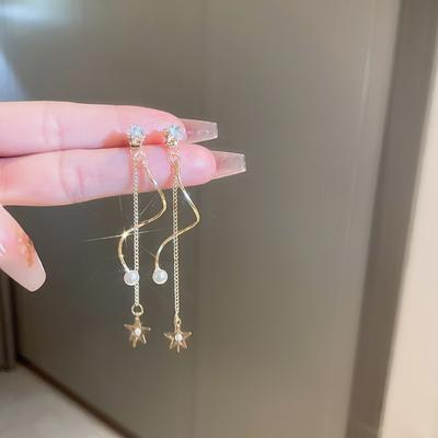 New Fashion Trend Unique Design Elegant Delicate Zircon Pentagram Tassel Pearl Ear Ladies High Jewelry Party Gifts Wholesale