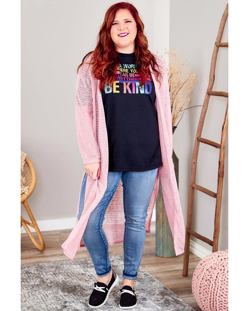 Azura Exchange Pink Sheer Knitted Long Side Slit Plus Size Cardigan
