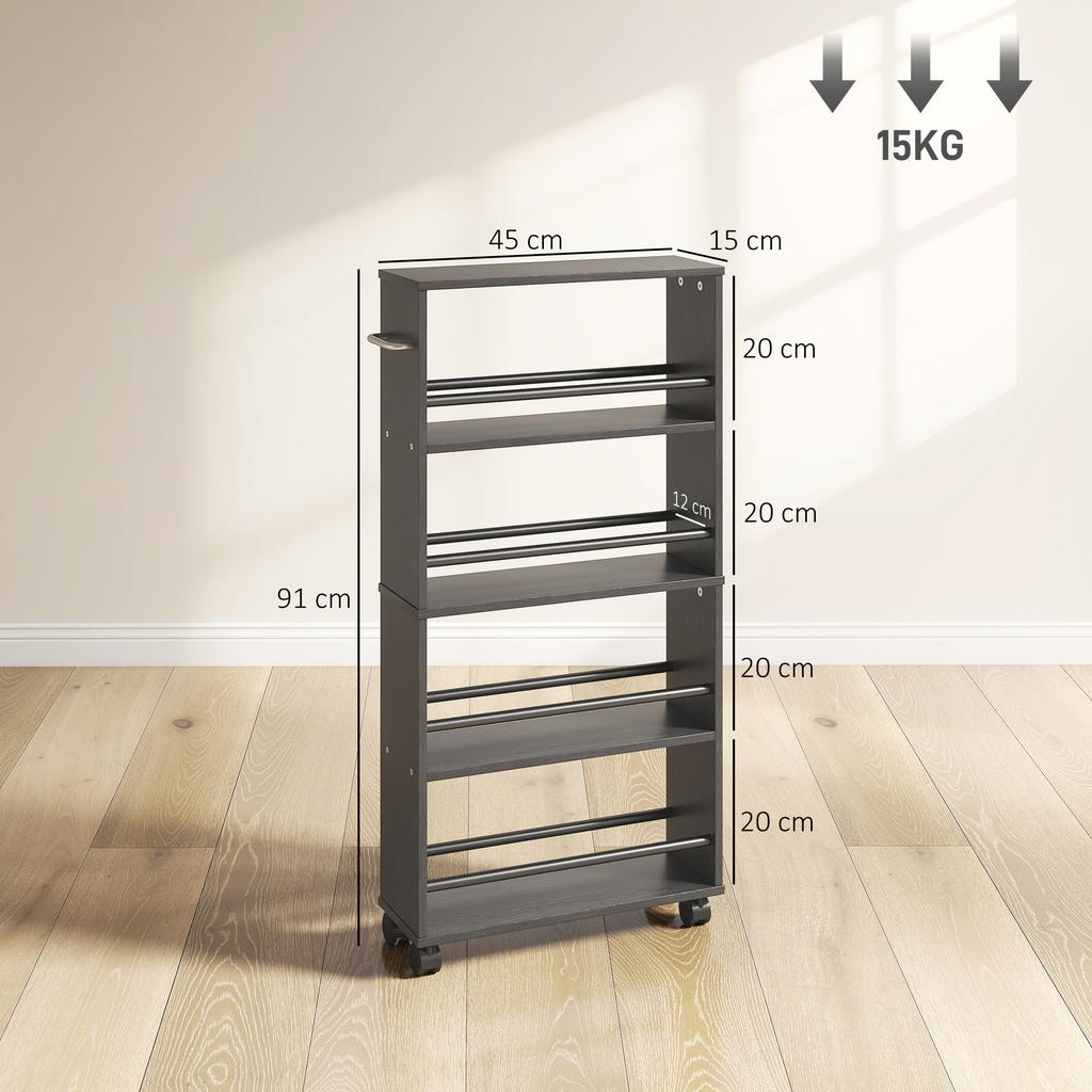 Storage Trolley, 4-Tier, Rolling Cart with Handles, Narrow, 45 x 15 x 91 cm, Black