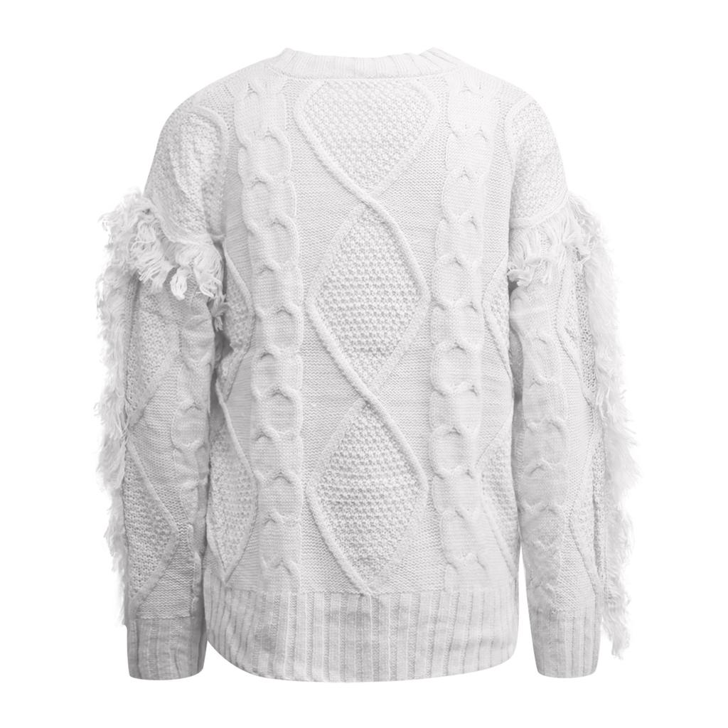 Women's Sweater Casual Round Neck Knit Solid Color Long-sleeved Tassel Pullover