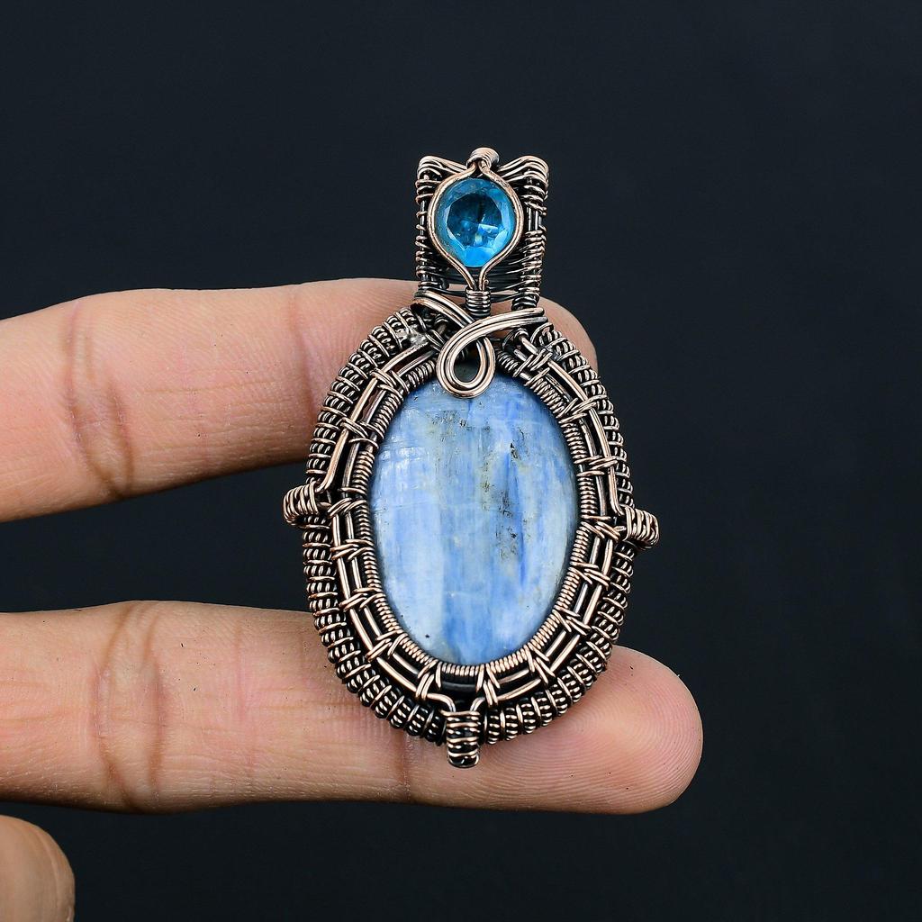 kyanite & Blue Topaz Gemstone Handmade Pure Copper Wire Wrapped Pendant Jewelry