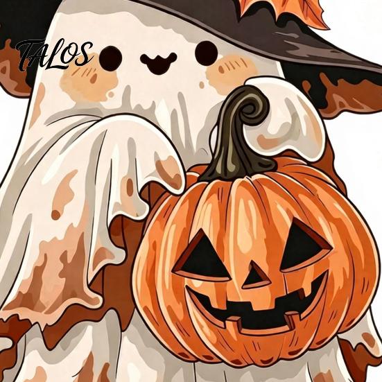 Halloween Party Supplies Wooden Ghost Ornament with Pumpkin Pattern, Double Sided Desktop Decoration, Spooky Tiered Tray Decor Decor, Wood Tabletop