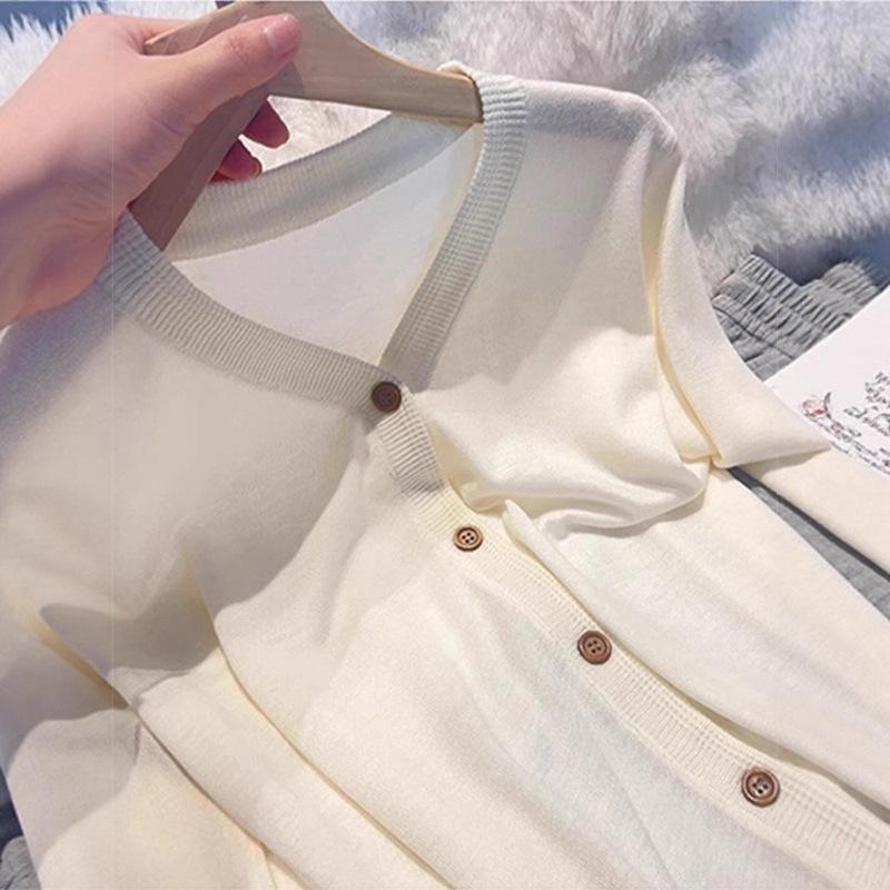 V-neck yellow long-sleeved knitted cardigan top, early autumn new lazy loose thin sweater jacket