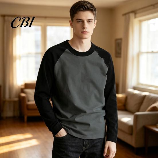 Men Raglan Block Shirt Shirt, Long Sleeve Crew Neck T-shirt, Warm Layering Tees for Casual Pullover Base Layer Autumn Winter Regular Fit