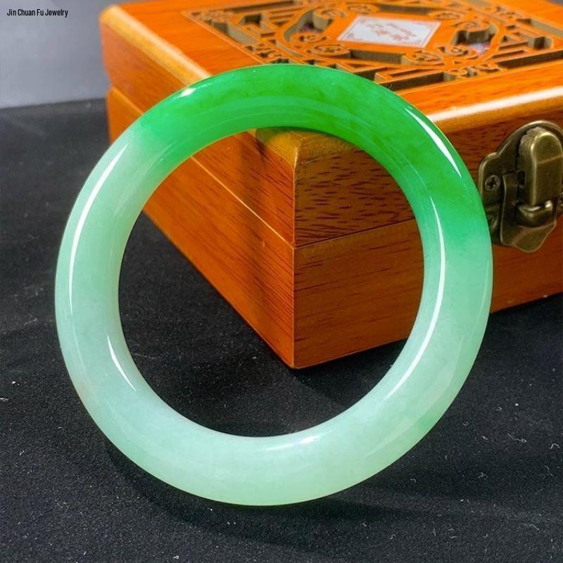 Floating Bright Green Jade Bracelet: Grandmother s Processed Burmese Jade, Round Green Ice Type. 56mm